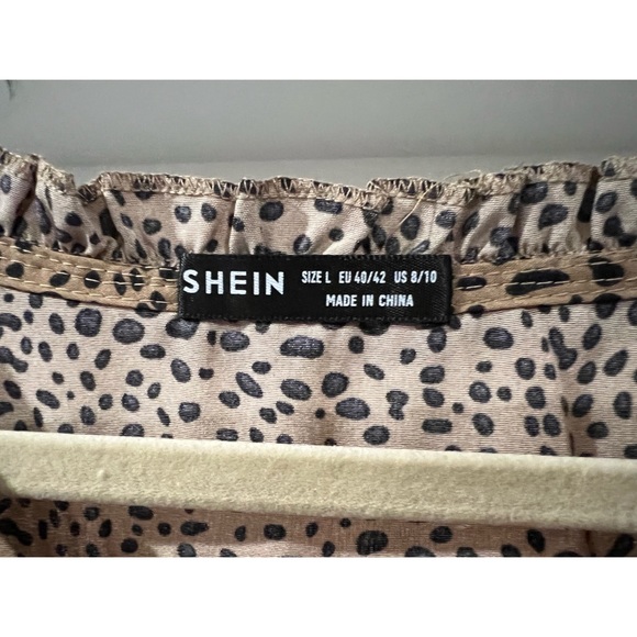 SHEIN Dalmatian Print Tie Neck Smock Dress Khaki - Picture 11 of 15